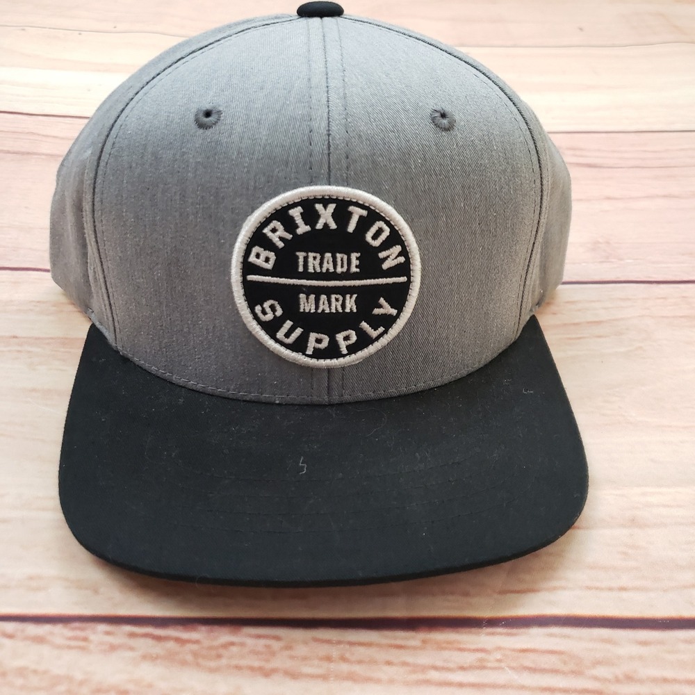 Brixton Trade Mark Supply Kids Snapback Hat Gray Black Flat Bill Skateboard Cap